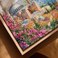 Istanbul Hagia Sophia and Blue Mosque watercolour art print framed canvas with float frame, close-up