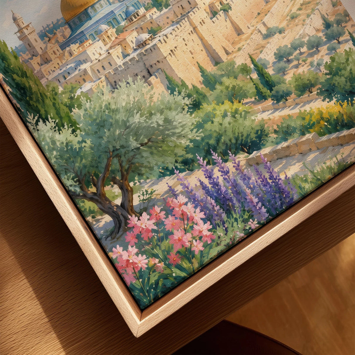 Jerusalem Dome of the Rock and Old City walls watercolour art print framed canvas with float frame, close-up
