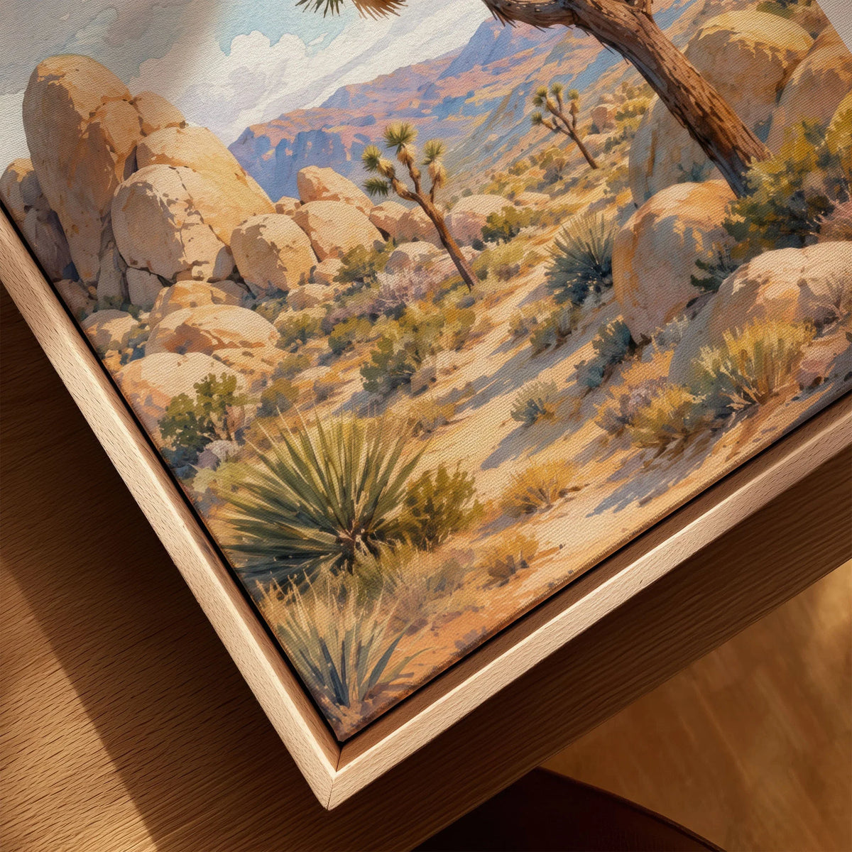 Joshua Tree National Park Joshua trees and granite boulders watercolour art print framed canvas with float frame, close-up