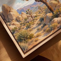 Joshua Tree National Park Joshua trees and granite boulders watercolour art print framed canvas with float frame, close-up