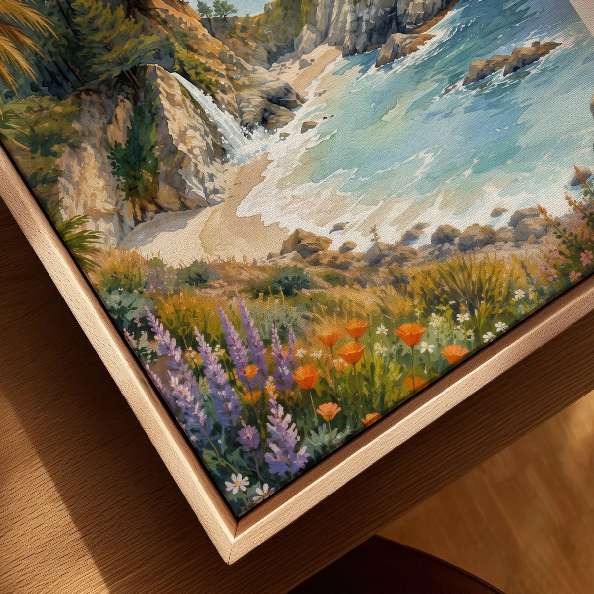 Julia Pfeiffer Burns State Park McWay Falls and cove watercolour art print framed canvas with float frame, close-up