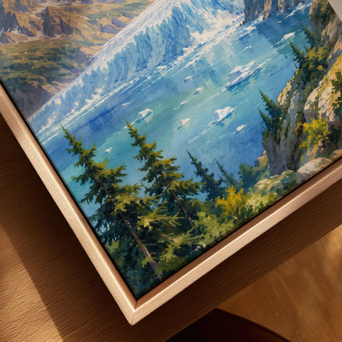 Kenai Fjords National Park tidewater glacier and fjord watercolour art print framed canvas with float frame, close-up
