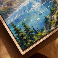Kenai Fjords National Park tidewater glacier and fjord watercolour art print framed canvas with float frame, close-up