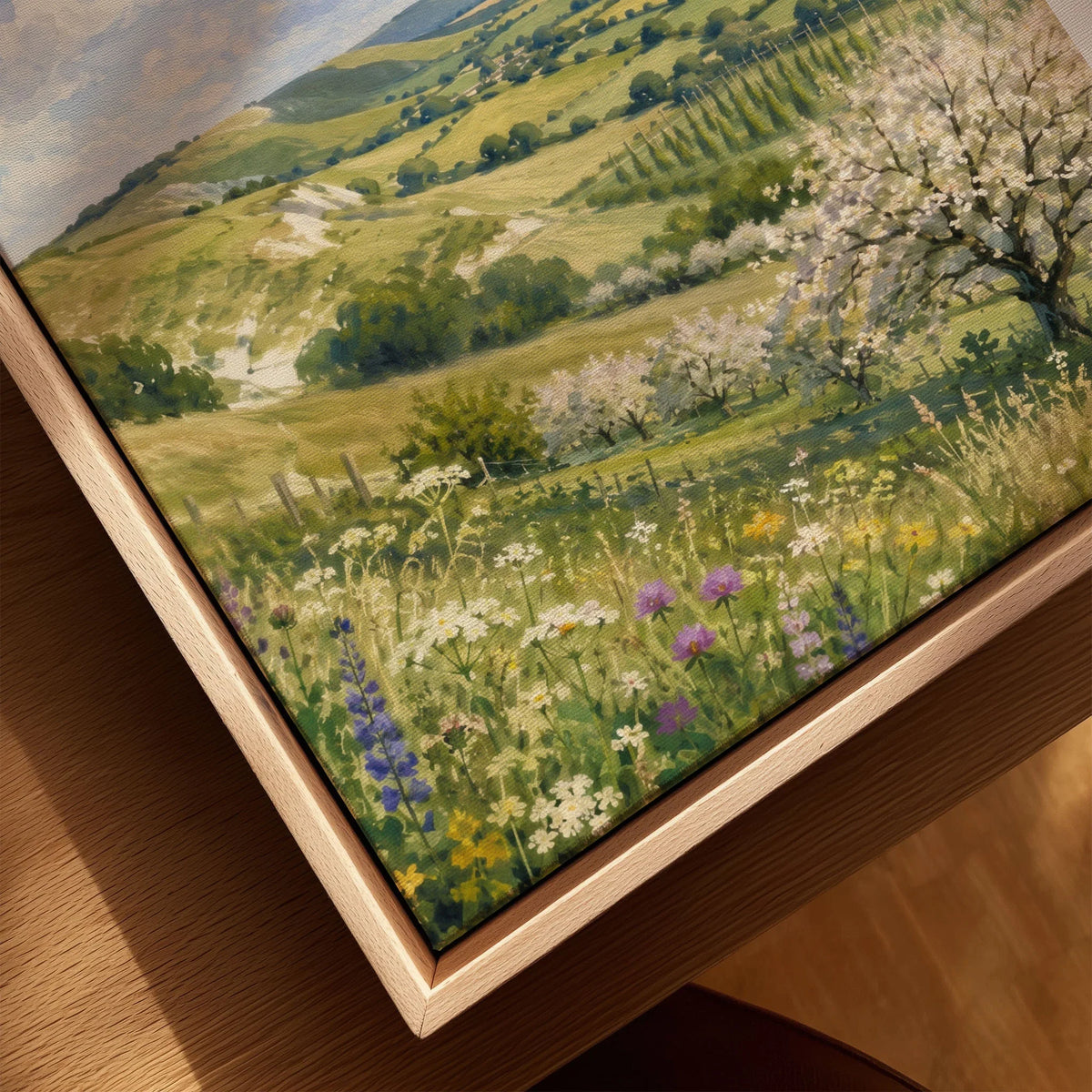 Kent Downs chalk downs and orchard blossom watercolour art print framed canvas with float frame, close-up