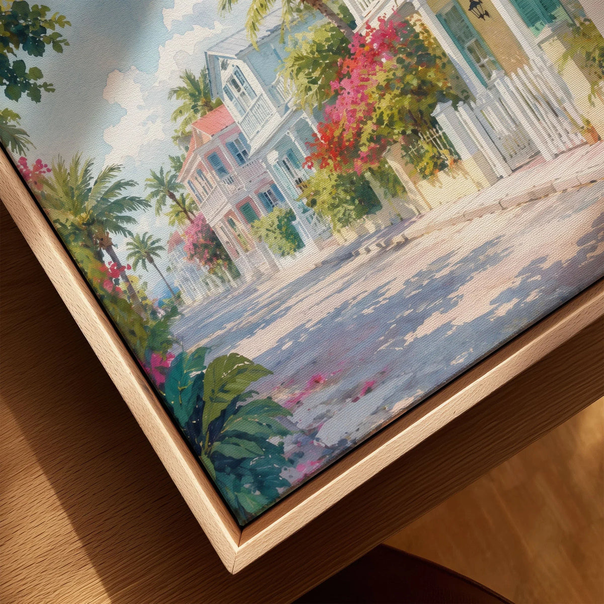 Key West pastel conch houses watercolour art print framed canvas with float frame, close-up