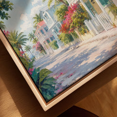 Key West pastel conch houses watercolour art print framed canvas with float frame, close-up