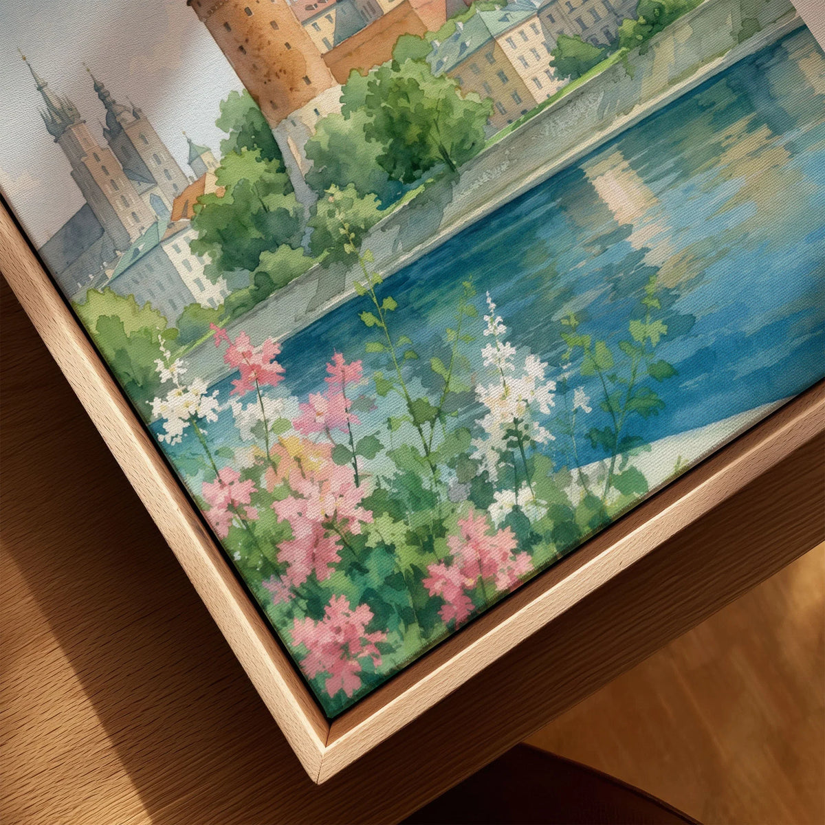Kraków Wawel Castle on the Vistula watercolour art print framed canvas with float frame, close-up