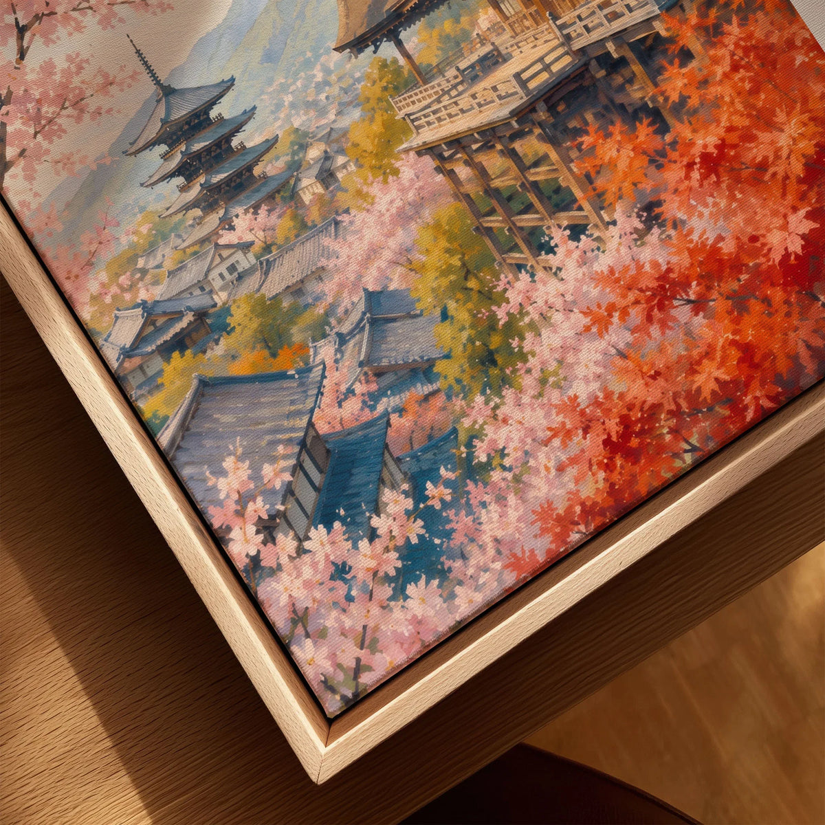 Kyoto Kiyomizu-dera temple and blossom watercolour art print framed canvas with float frame, close-up