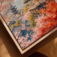 Kyoto Kiyomizu-dera temple and blossom watercolour art print framed canvas with float frame, close-up