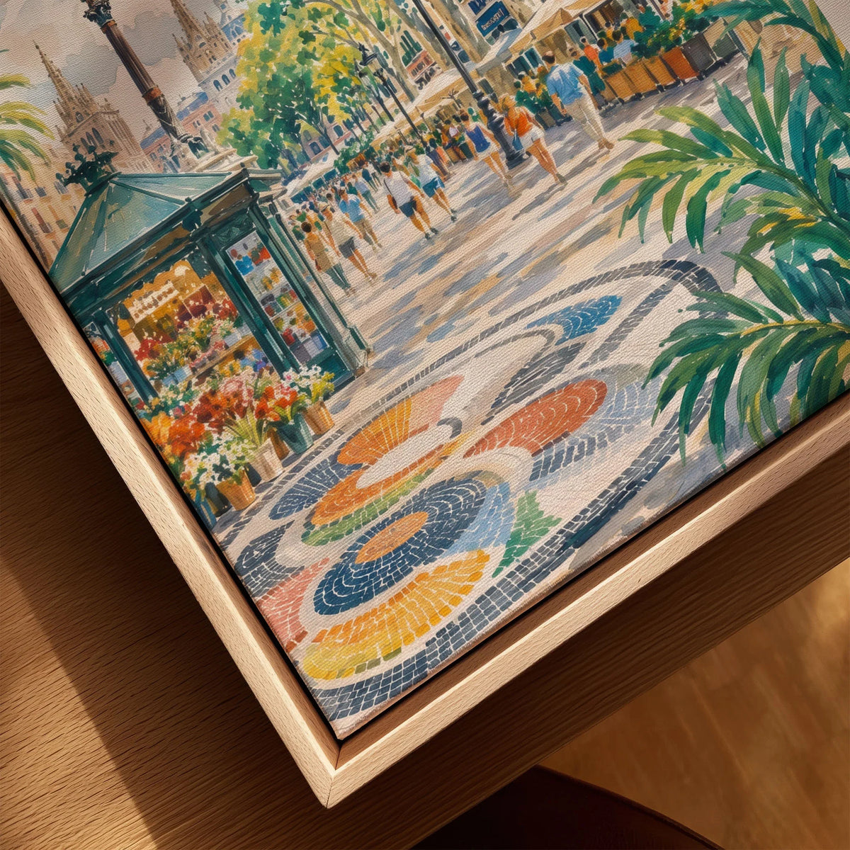 La Rambla Barcelona promenade and mosaic watercolour art print framed canvas with float frame, close-up