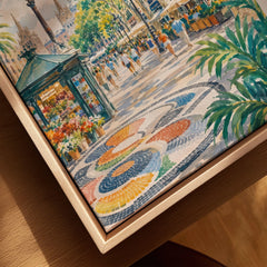 La Rambla Barcelona promenade and mosaic watercolour art print framed canvas with float frame, close-up