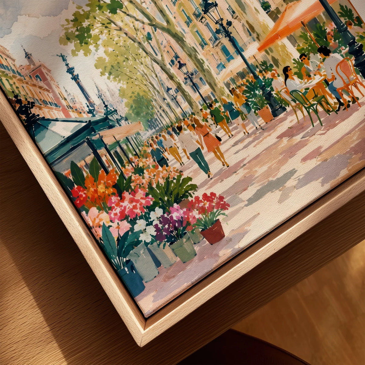 La Rambla Barcelona flower stalls and cafés watercolour art print framed canvas with float frame, close-up