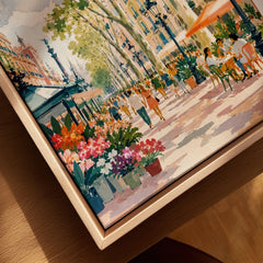 La Rambla Barcelona flower stalls and cafés watercolour art print framed canvas with float frame, close-up