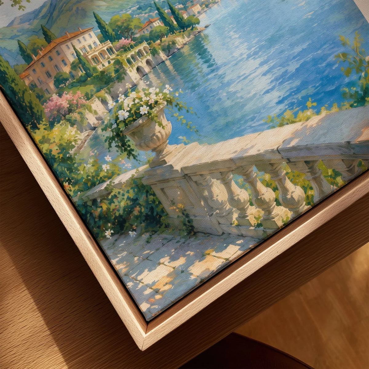 Lake Como lakeside villa and mountains watercolour art print framed canvas with float frame, close-up