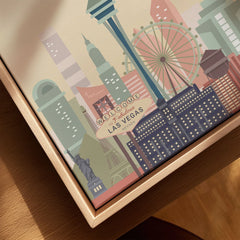Las Vegas city skyline art print, framed canvas with float frame, close-up