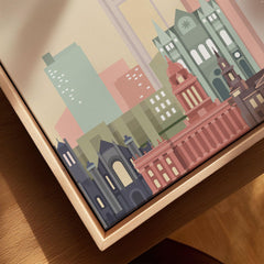 Leeds city skyline art print, framed canvas with float frame, close-up