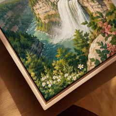 Letchworth State Park waterfall in the gorge watercolour art print framed canvas with float frame, close-up