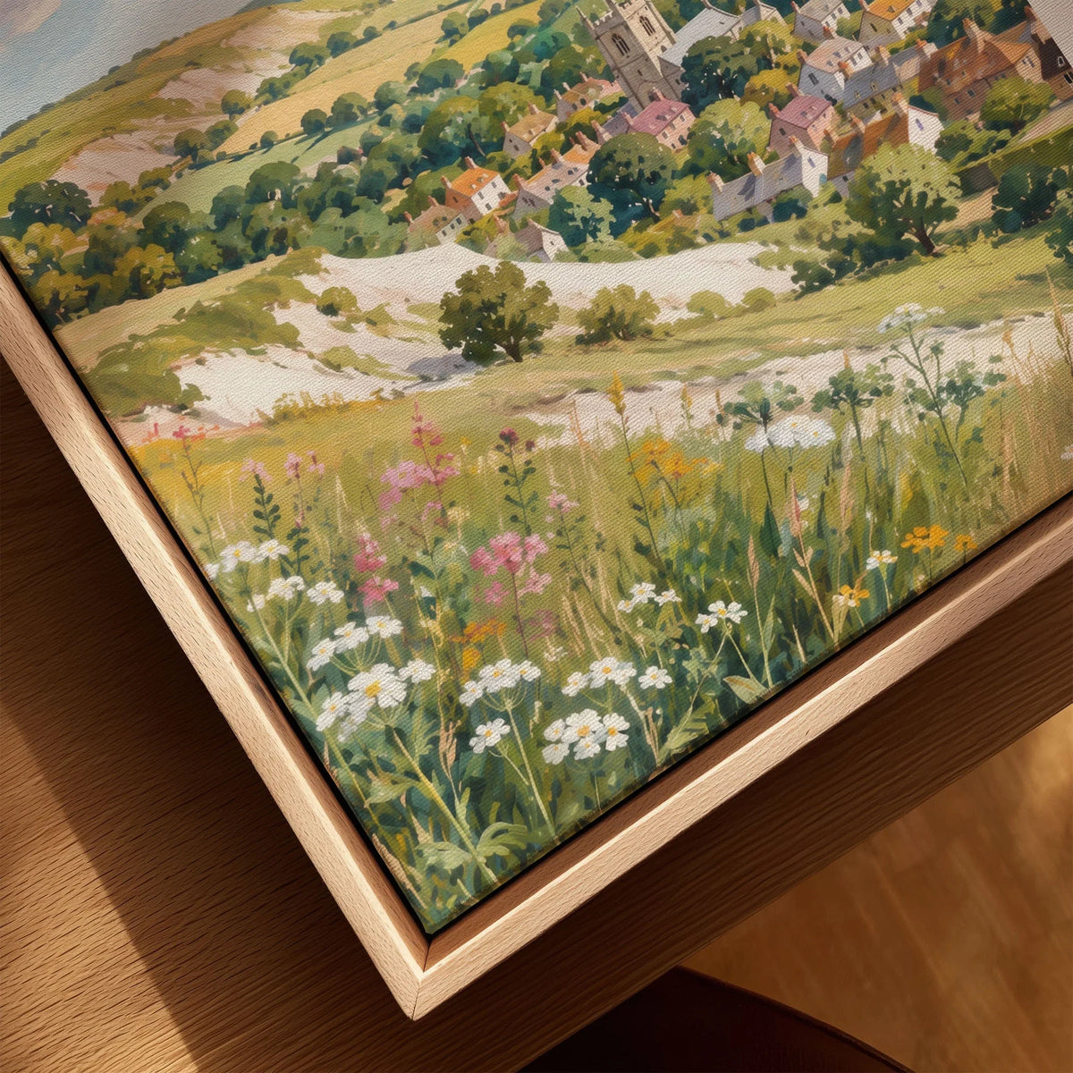 Lincolnshire Wolds hillside village and church watercolour art print framed canvas with float frame, close-up