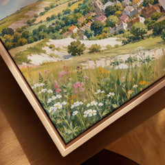Lincolnshire Wolds hillside village and church watercolour art print framed canvas with float frame, close-up