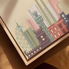 Lisbon city skyline art print, framed canvas with float frame, close-up