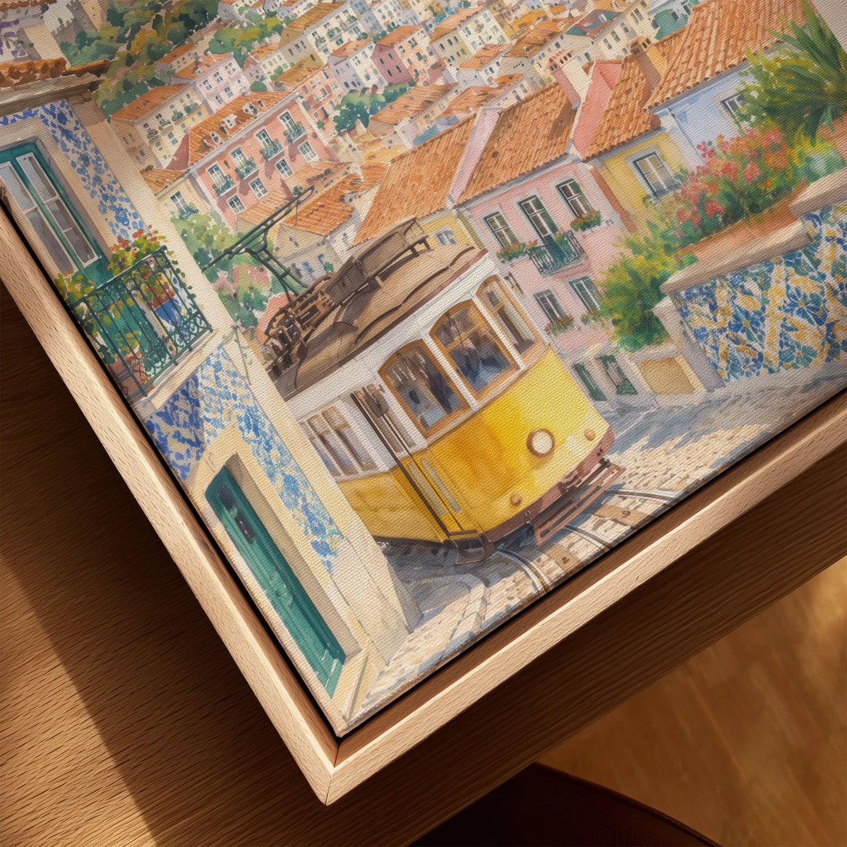 Lisbon yellow tram and castle watercolour art print framed canvas with float frame, close-up