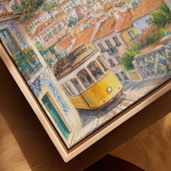 Lisbon yellow tram and castle watercolour art print framed canvas with float frame, close-up