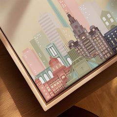 Liverpool city skyline art print, framed canvas with float frame, close-up