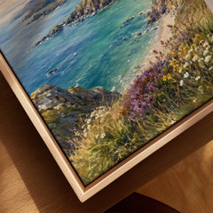 Llyn Peninsula sandy cove and coastline watercolour art print framed canvas with float frame, close-up