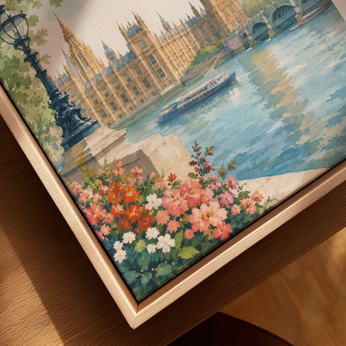 London Big Ben and Houses of Parliament watercolour art print framed canvas with float frame, close-up