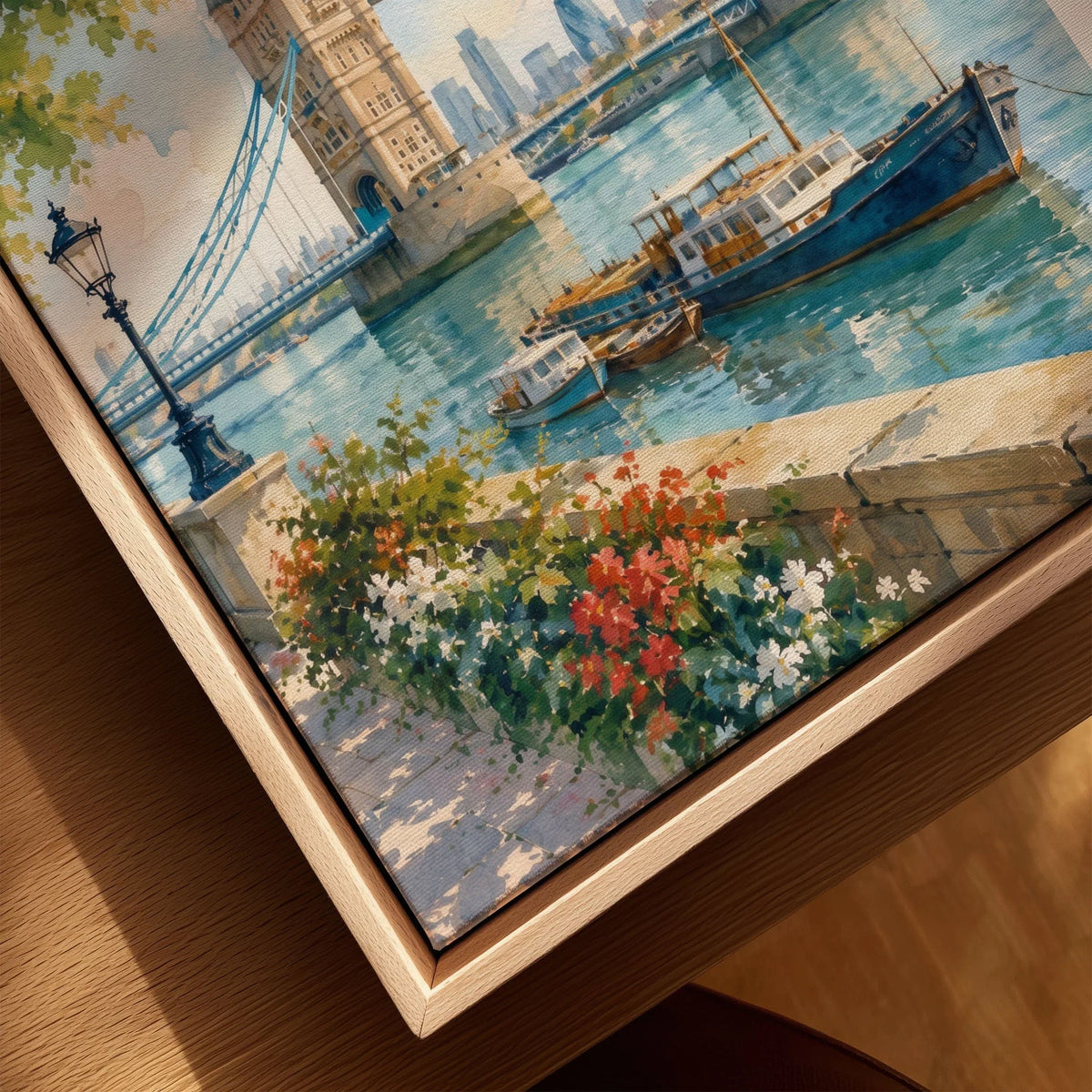 London Tower Bridge on the Thames watercolour art print framed canvas with float frame, close-up