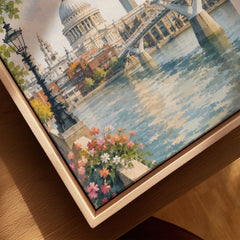 London St Paul's Cathedral and Millennium Bridge watercolour art print framed canvas with float frame, close-up