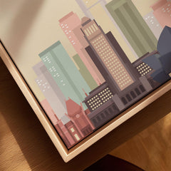 Los Angeles city skyline art print, framed canvas with float frame, close-up