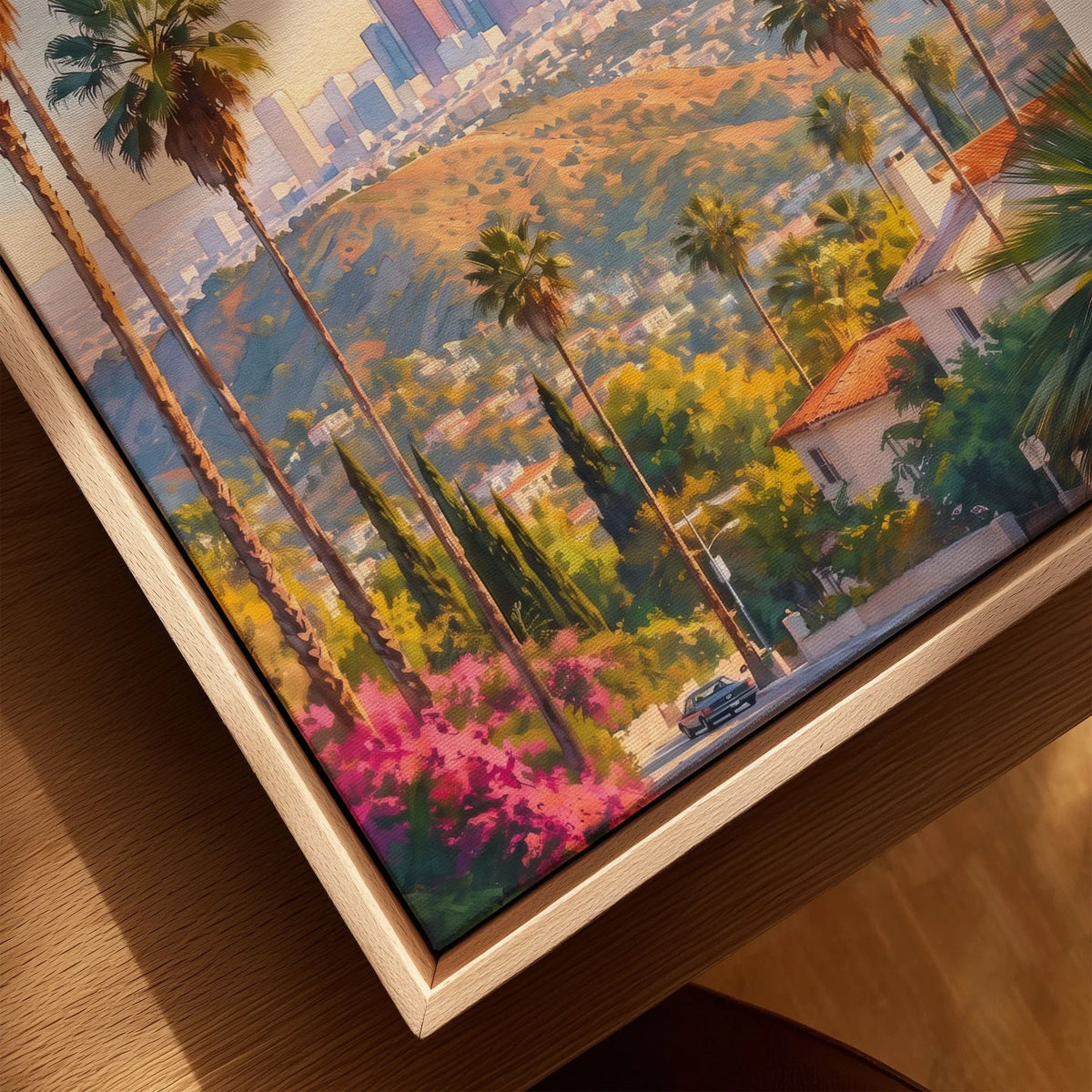Los Angeles palm trees and downtown skyline watercolour art print framed canvas with float frame, close-up