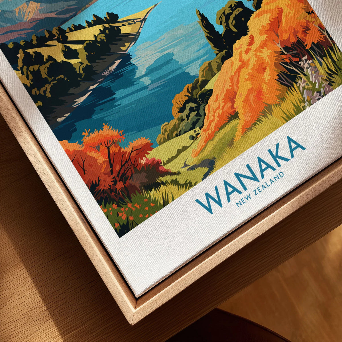 Wanaka Travel Poster New Zealand - framed canvas float frame close-up