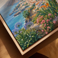 Madeira Funchal bay and coast watercolour art print framed canvas with float frame, close-up