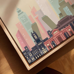Madrid city skyline art print, framed canvas with float frame, close-up