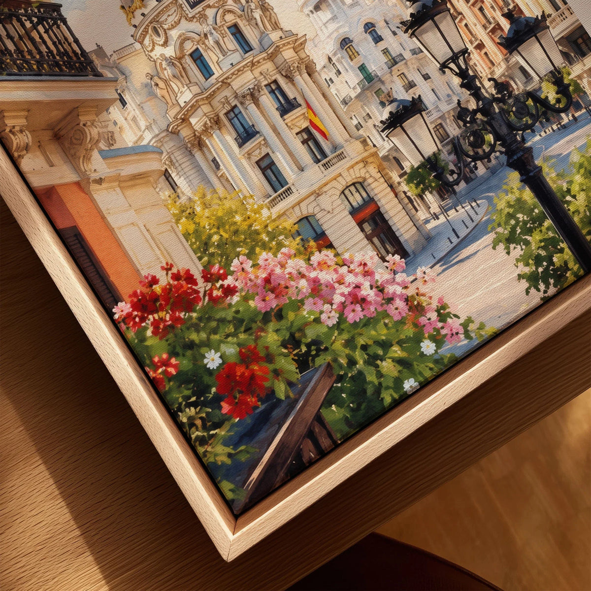 Madrid Metropolis building on Gran Vía watercolour art print framed canvas with float frame, close-up