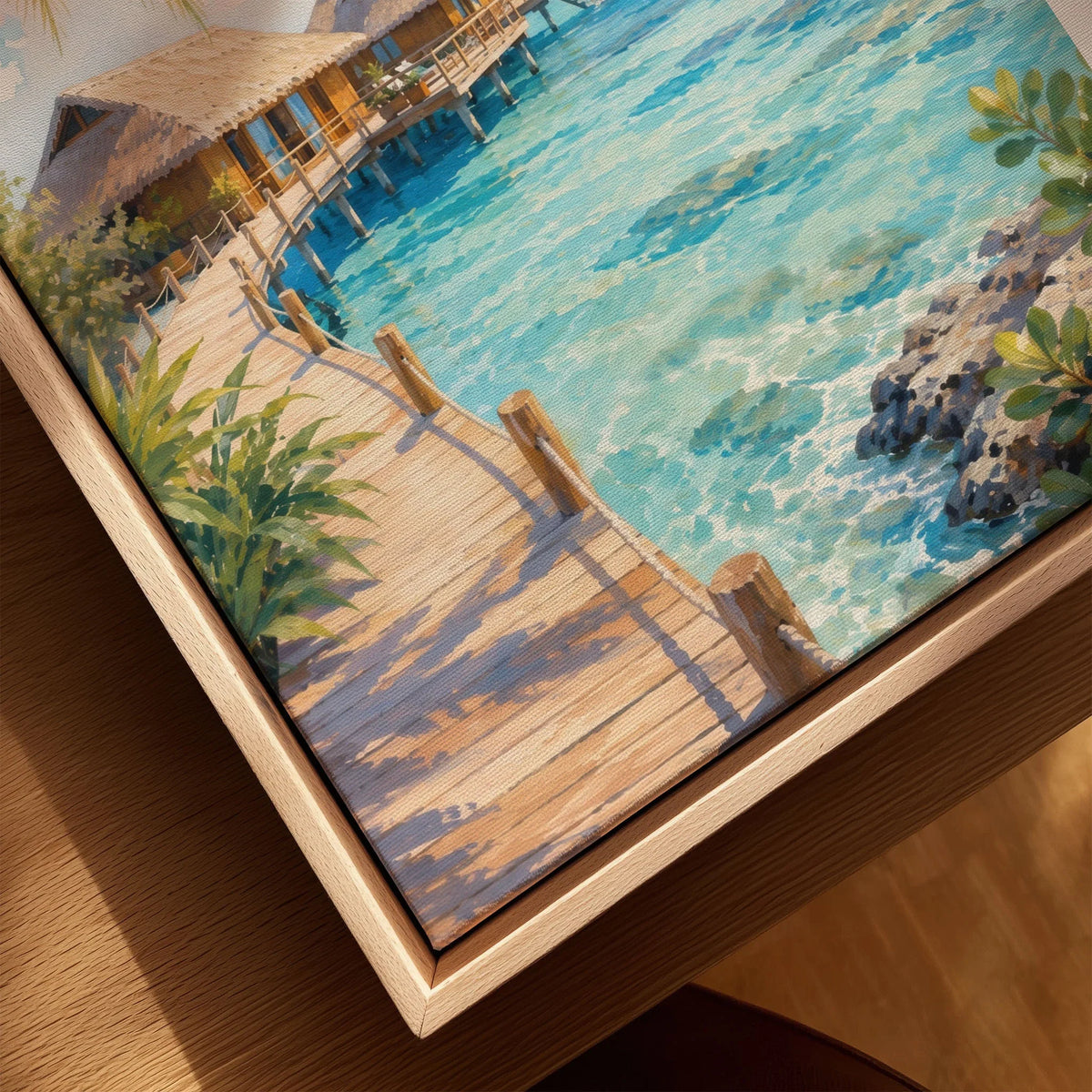 Maldives overwater villas and lagoon watercolour art print framed canvas with float frame, close-up