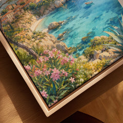 Mallorca turquoise cove and pines watercolour art print framed canvas with float frame, close-up
