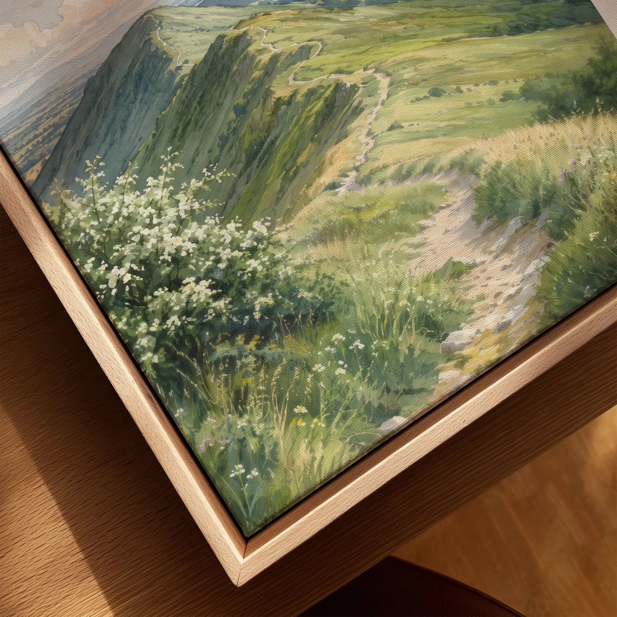 Malvern Hills ridge path watercolour art print framed canvas with float frame, close-up