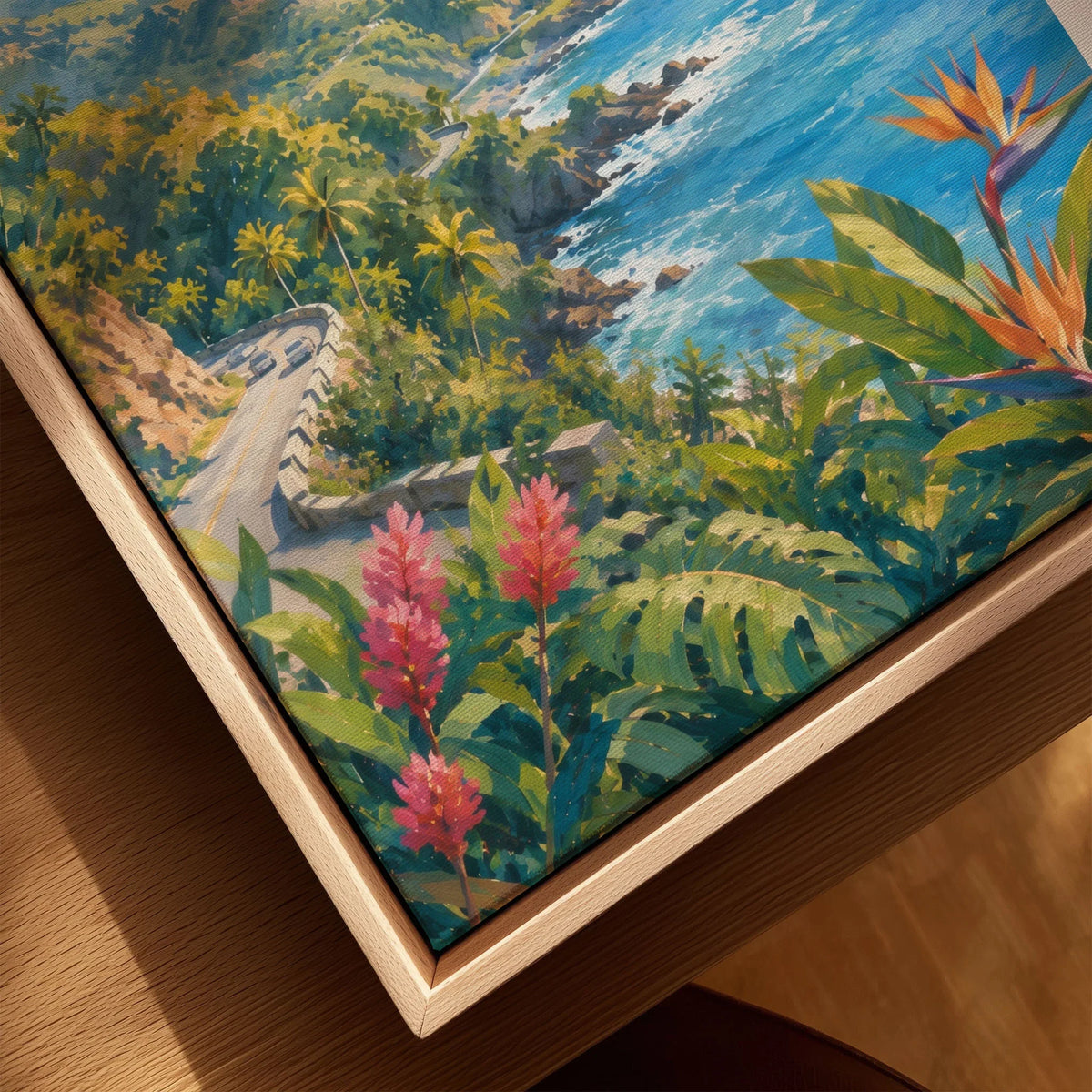 Maui Road to Hana coastline watercolour art print framed canvas with float frame, close-up