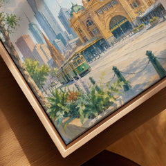 Melbourne Flinders Street Station and tram watercolour art print framed canvas with float frame, close-up