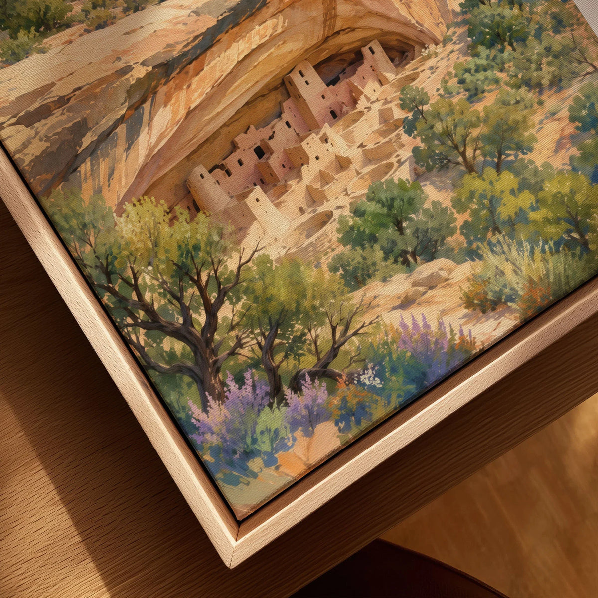 Mesa Verde National Park Cliff Palace dwellings watercolour art print framed canvas with float frame, close-up