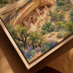 Mesa Verde National Park Cliff Palace dwellings watercolour art print framed canvas with float frame, close-up