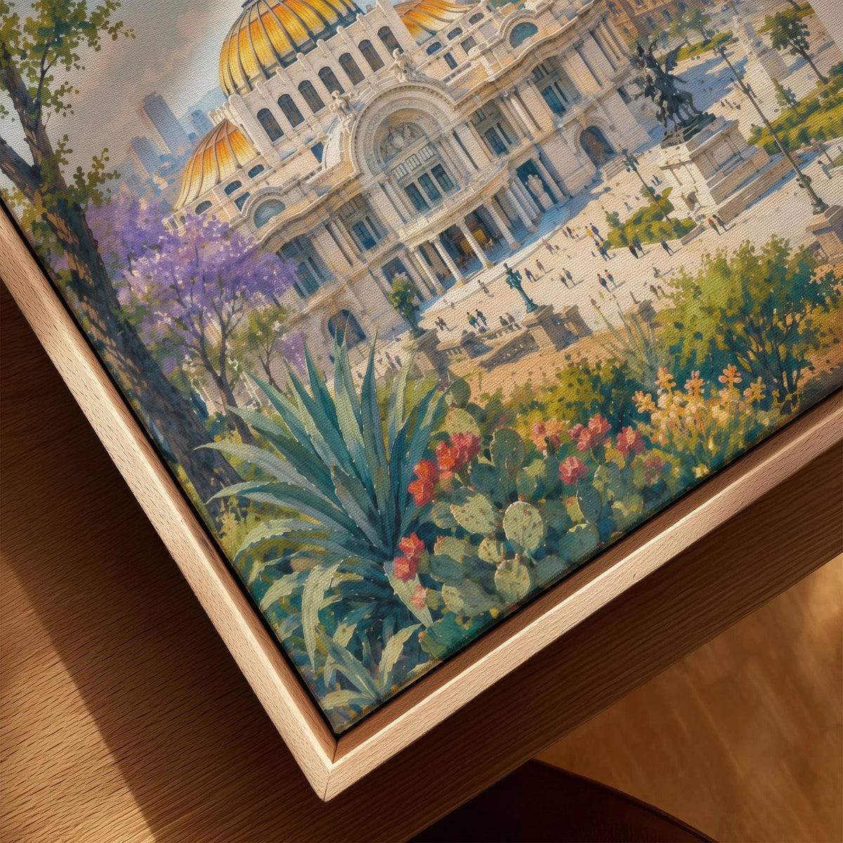 Mexico City Palacio de Bellas Artes watercolour art print framed canvas with float frame, close-up