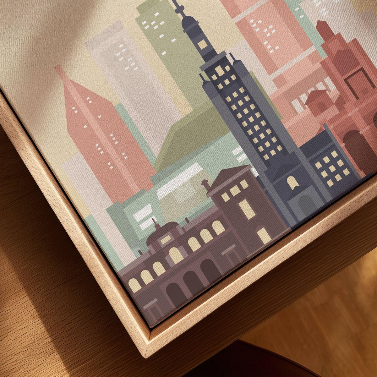 Miami city skyline art print, framed canvas with float frame, close-up