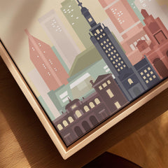 Miami city skyline art print, framed canvas with float frame, close-up