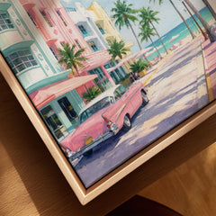 Miami Art Deco Ocean Drive and classic car watercolour art print framed canvas with float frame, close-up