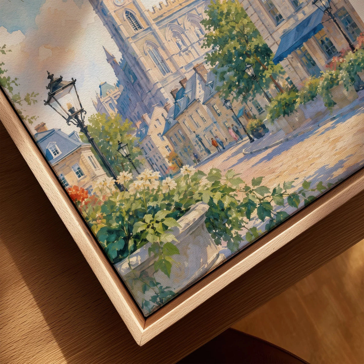 Montreal Notre-Dame Basilica in Old Montreal watercolour art print framed canvas with float frame, close-up