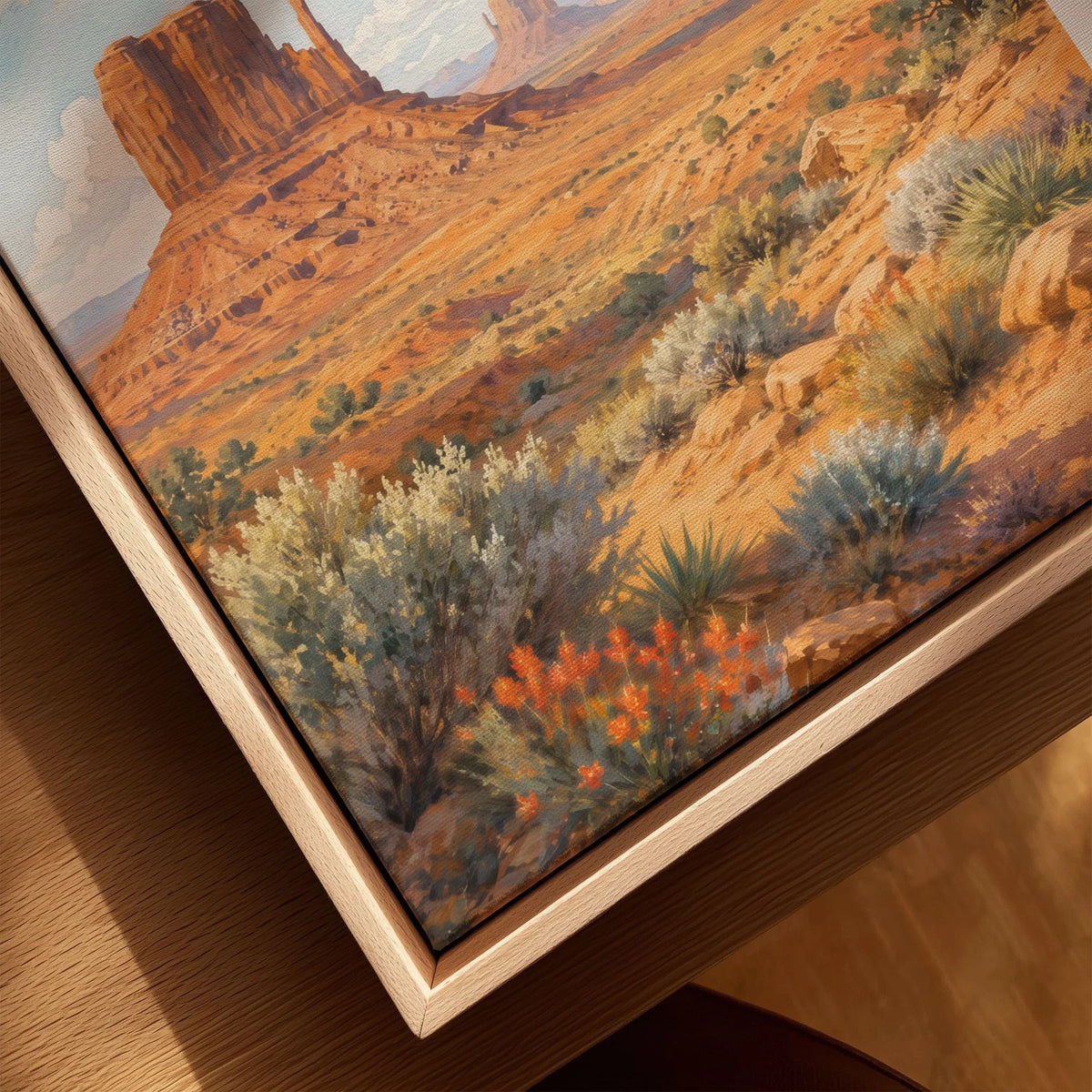 Monument Valley the Mittens buttes watercolour art print framed canvas with float frame, close-up